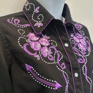 Panhandle Slim Retro Western Wear Black Purple Floral Embroidered Shirt Size S